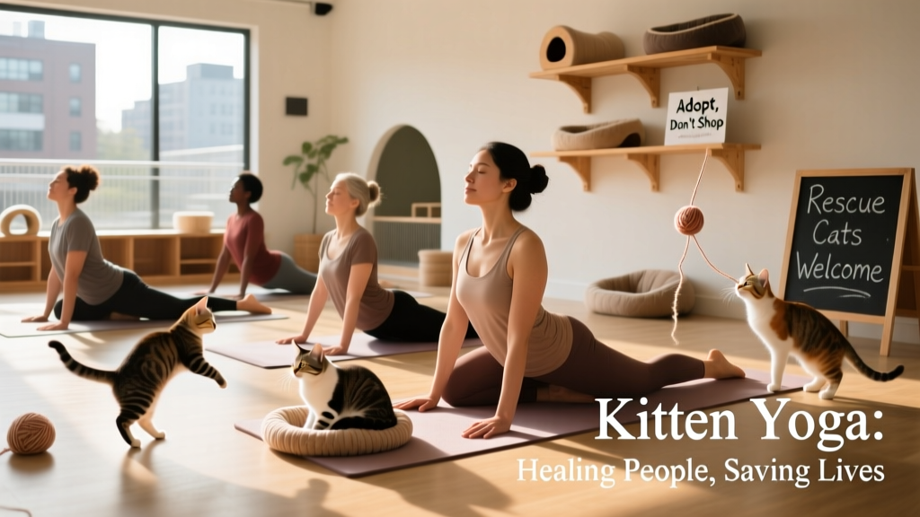Group of people doing gentle yoga poses on mats while playful kittens explore the space around them