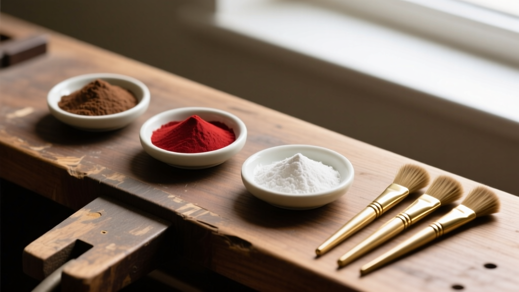 Three polishing compounds, brown Tripoli, red Rouge, and white Diamond, arranged on a wooden jeweler bench next to brass brushes.