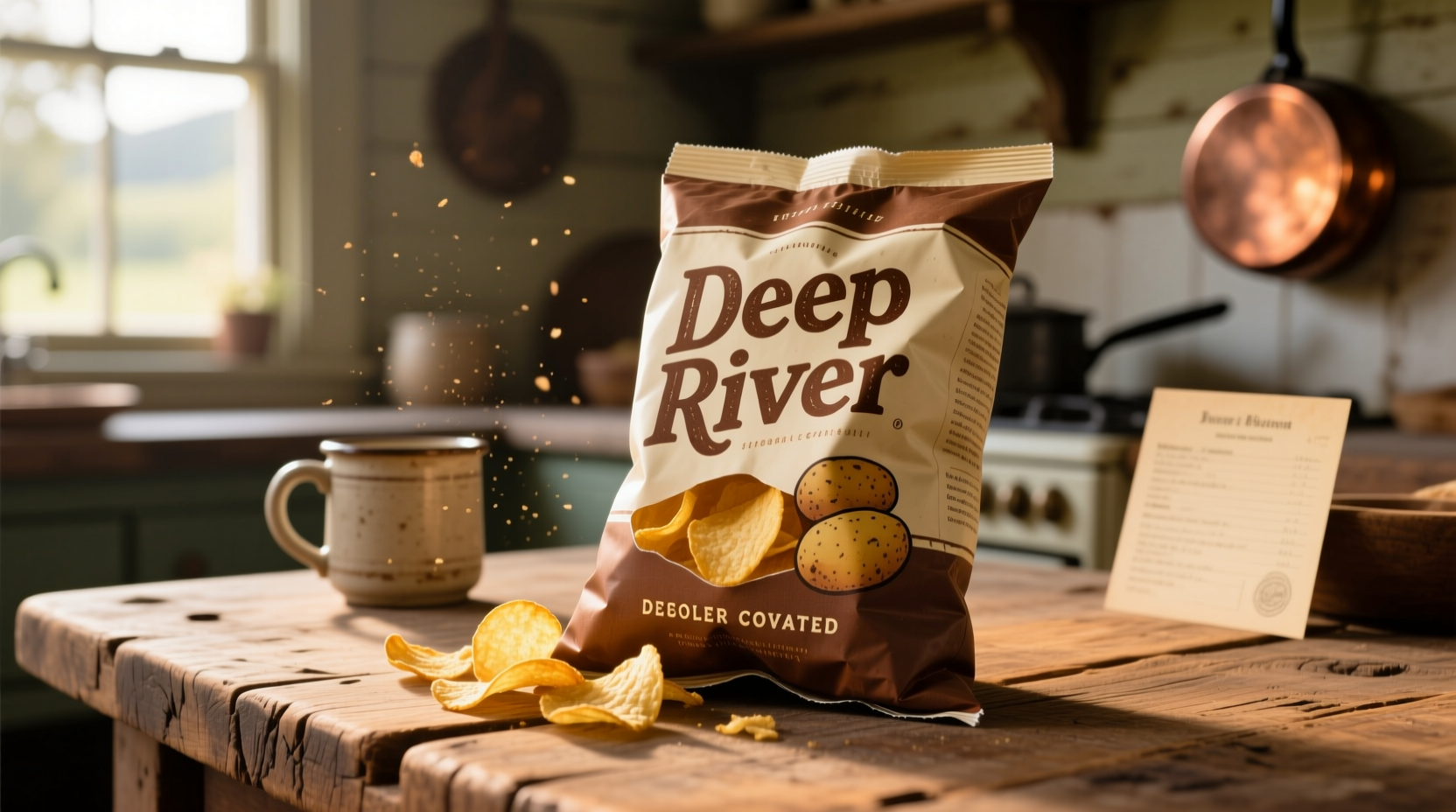 Deep River Kettle Cooked Potato Chips bag on wooden table
