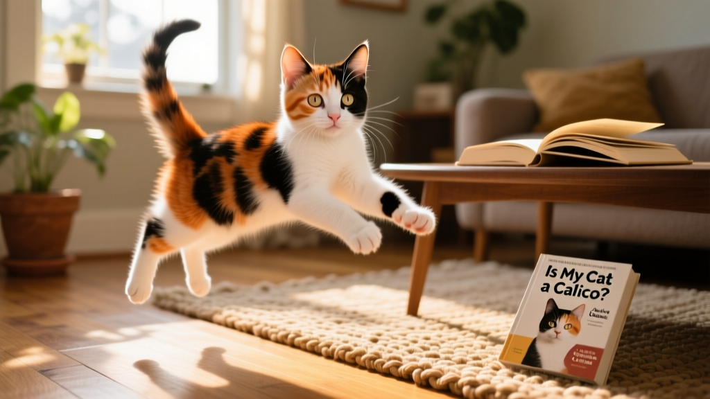 A playful calico domestic shorthair kitten mid-leap, showcasing vibrant orange, black, and white patches