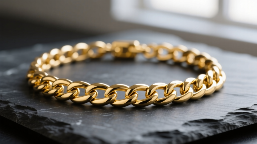 Close-up of a 10mm 14k yellow gold Cuban link necklace on dark slate, highlighting interlocking links and high polish.