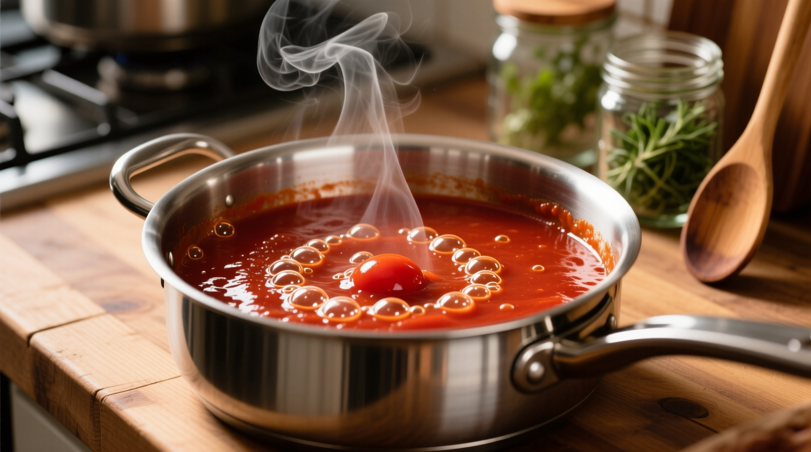 Simmering tomato sauce in stainless steel pot
