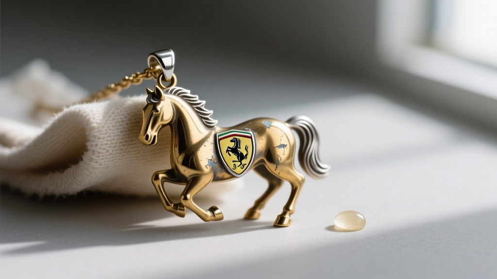 Macro shot of a tarnished rhodium-plated brass Ferrari horse pendant being gently polished with a microfiber cloth and mild soap