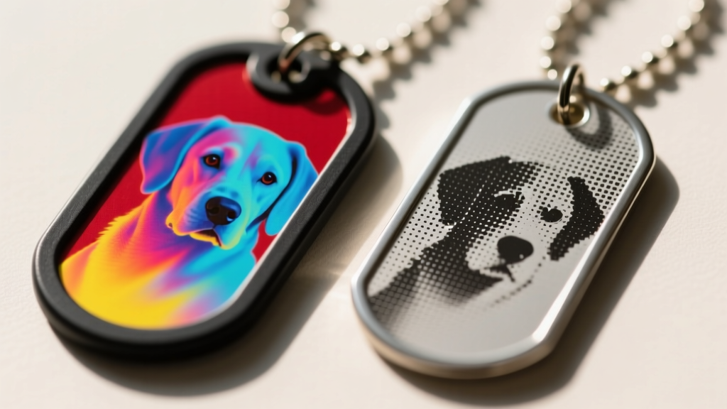 Macro comparison of a UV color-printed dog tag showing vibrant hues and a laser halftone engraved tag with grayscale dots