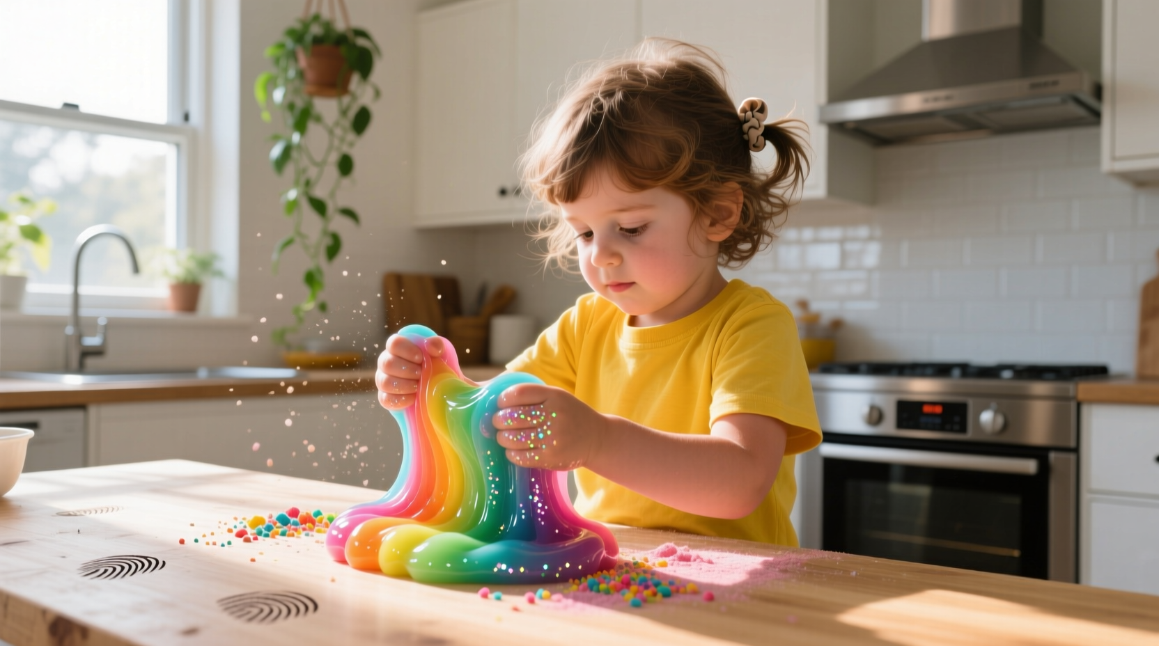 Child kneading colorful slime on kitchen counter