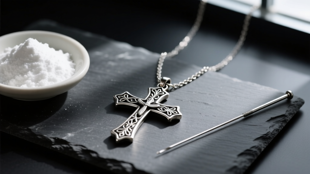 Overhead flat-lay of a tarnished silver cross necklace on dark slate, next to baking soda and a sewing needle for jewelry repair.