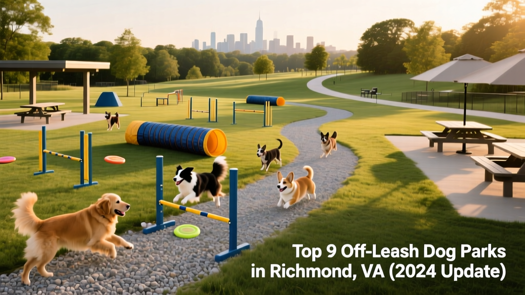 A spacious, modern off-leash park with agility equipment, gravel paths, and shaded picnic tables