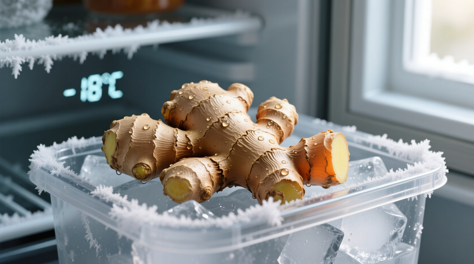 Fresh ginger root being frozen for long-term storage in labeled airtight containers