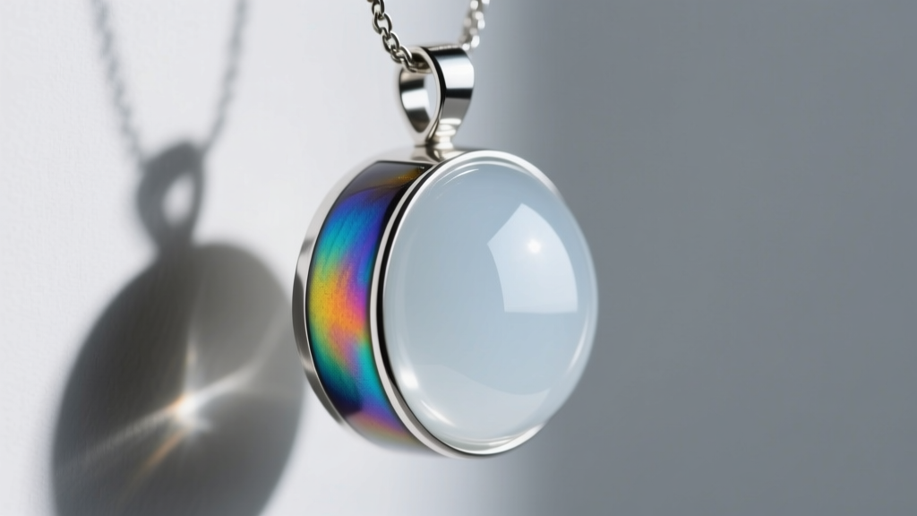 Side profile showing flush fired glass enamel next to the raised dome surface of cold epoxy resin on a silver metal pendant.