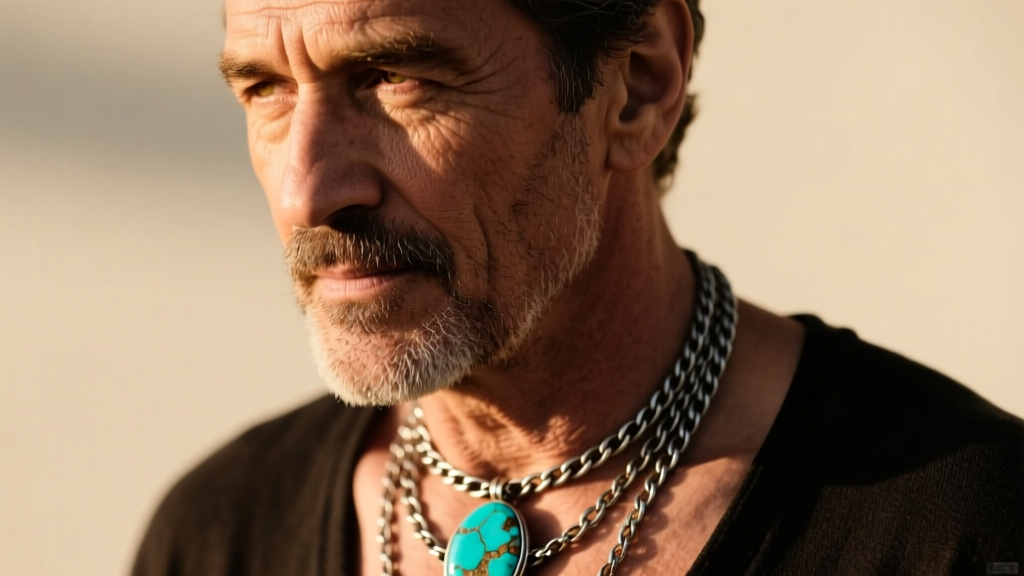 Close-up of a man wearing an oxidized silver chain and raw turquoise pendant necklace stack, lit by warm natural sunlight