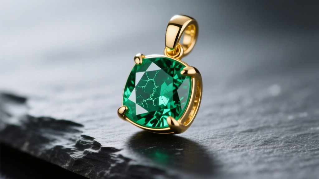 Macro shot of a 14k gold bezel-set emerald birthstone charm on dark slate, showing internal inclusions and vivid green hue.
