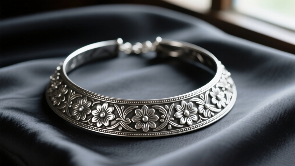 Close-up of a Thai Hill Tribe pure silver collar necklace with hand-hammered floral motifs resting on dark charcoal silk fabric.