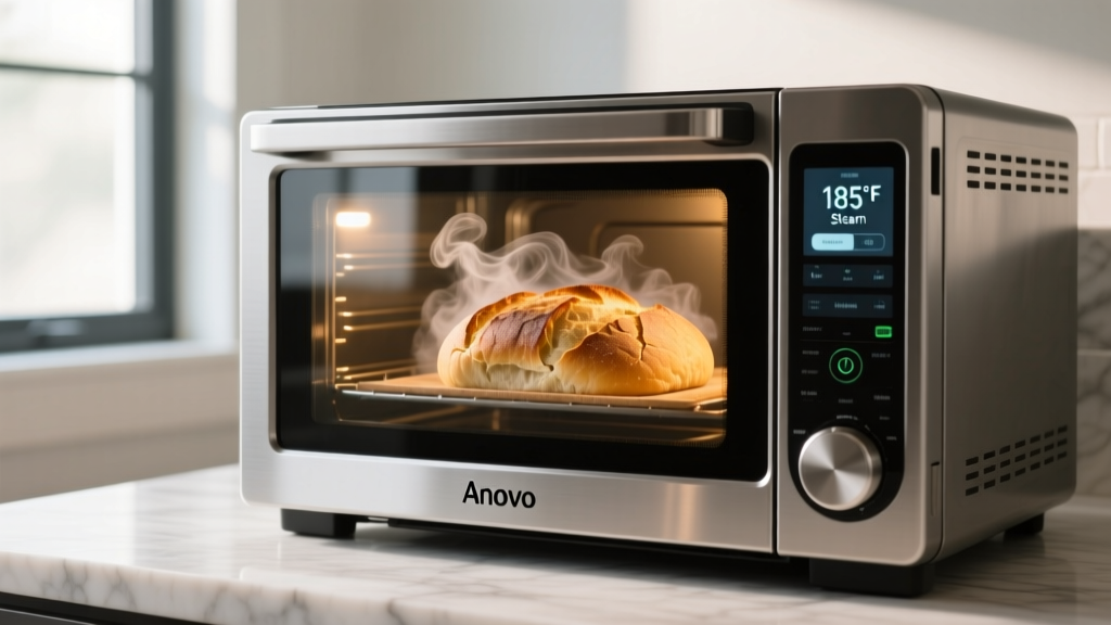 Anova Precision Oven digital interface displaying 185F steam settings with a glass door showing artisan bread baking inside