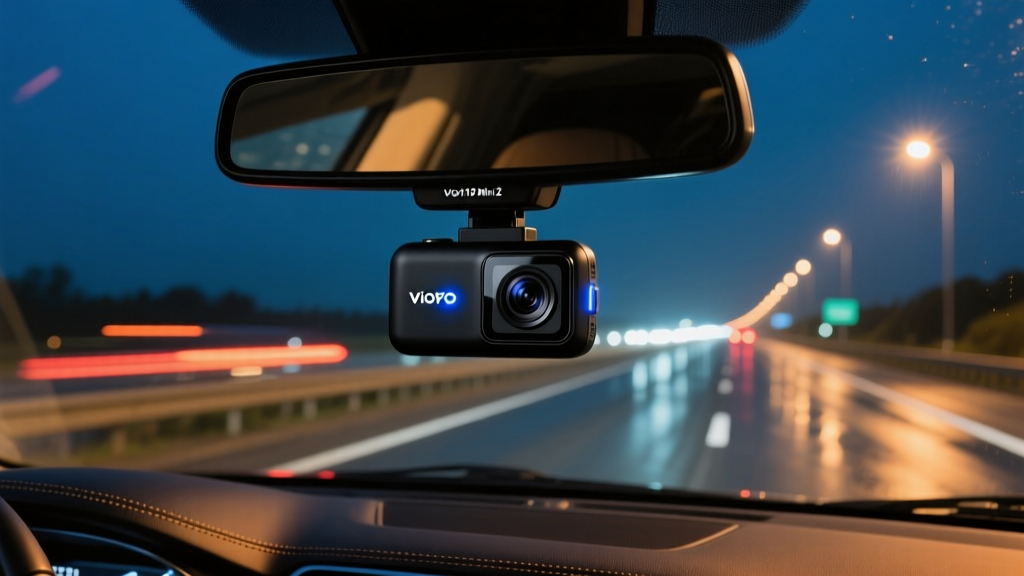 Close-up of a Viofo A119 Mini 2 dash cam mounted behind a rearview mirror, capturing a crisp 1440p night-time highway drive.