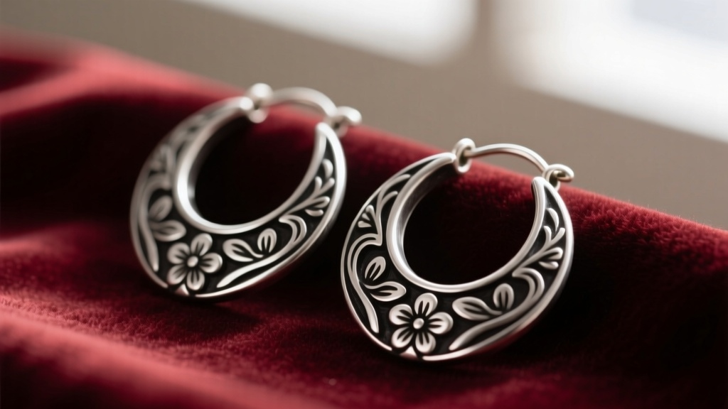 Macro shot of 925 sterling silver tribal hoop earrings on velvet, warm light highlighting dark oxidized engraved floral patterns.