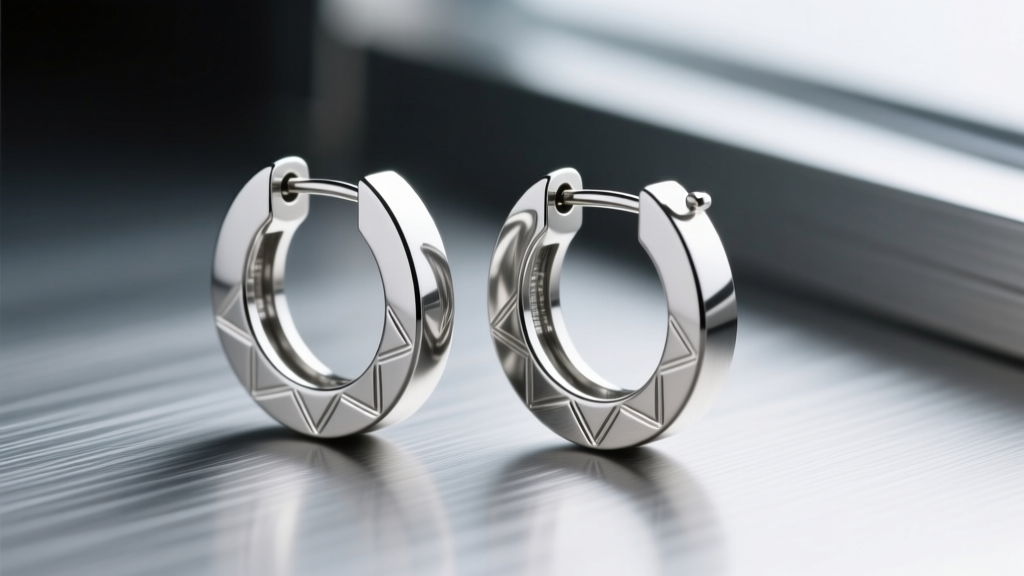 Modern implant-grade titanium seamless hoop earrings with CNC-milled clicker closures resting on a brushed steel surface.