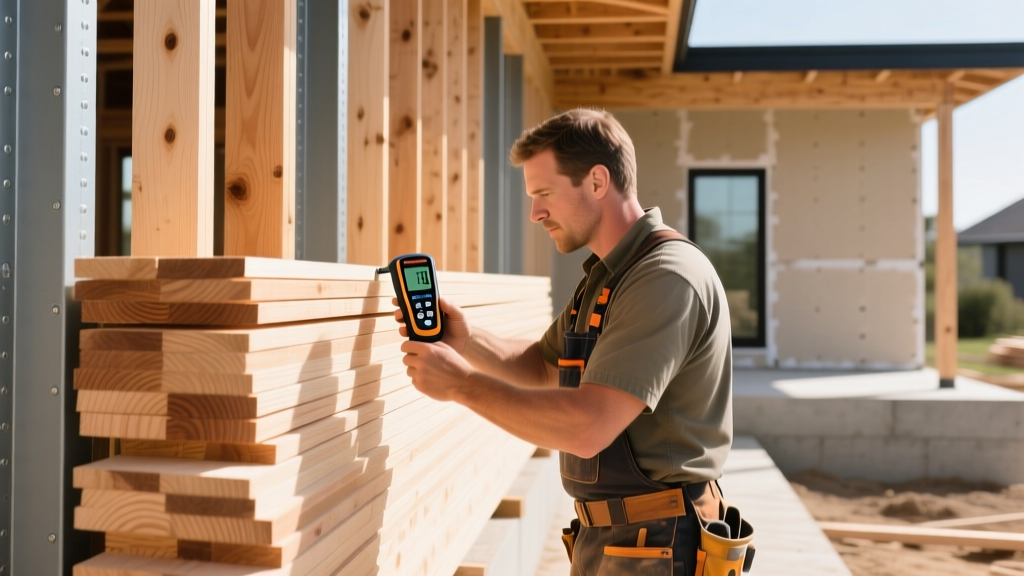 Carpenter using a digital moisture meter on stacked Douglas fir framing lumber at a bright residential construction site