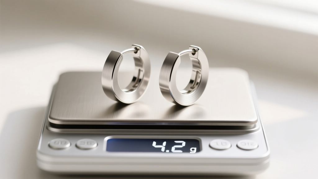 Digital jewelry scale displaying 4.2 grams while weighing minimalist sterling silver huggie earrings with a brushed matte finish