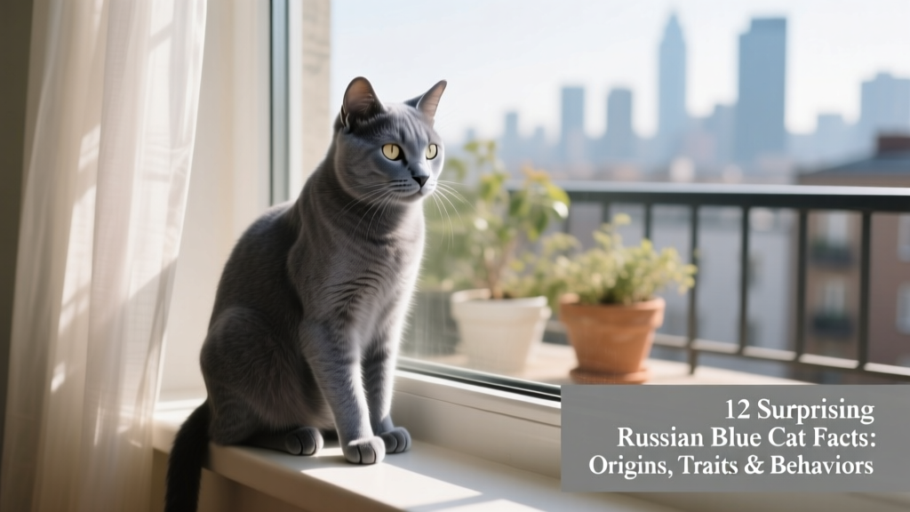 An adult Russian Blue sitting calmly beside a window perch, gazing outside with alert but relaxed posture