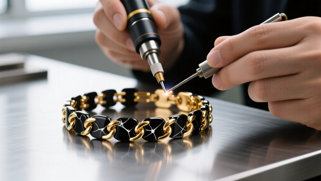 Close-up of a jeweler using a laser welder to repair a scratched black rhodium plated 18k gold chain link bracelet on a bench