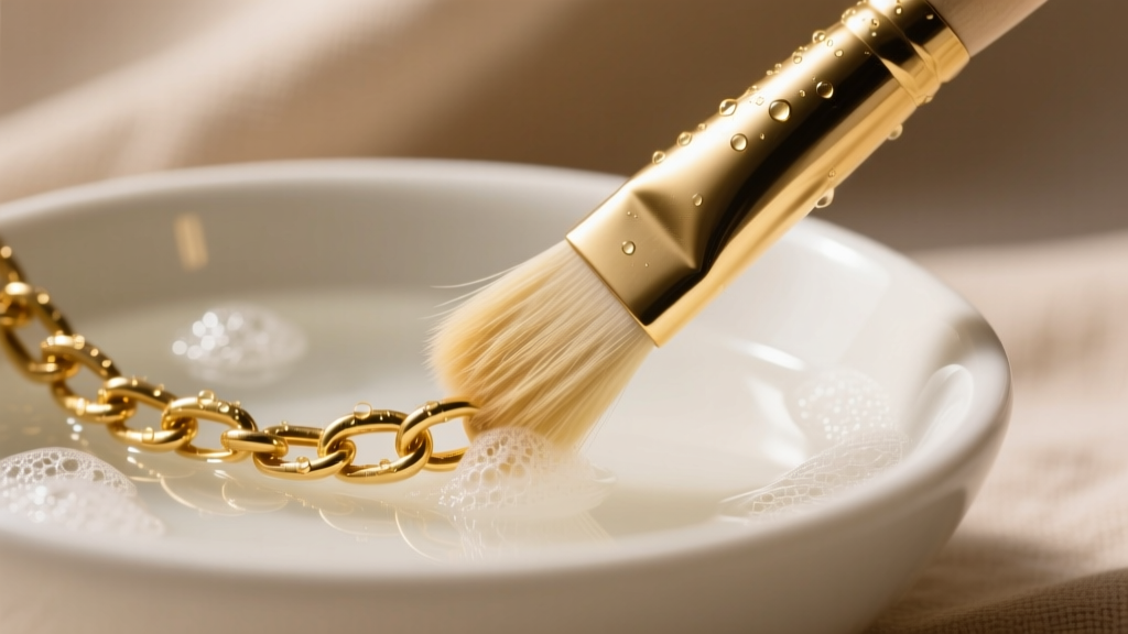 Soft natural-bristle brush gently cleaning a 19k gold chain link beside a soapy ceramic bowl, illuminated by warm directional light