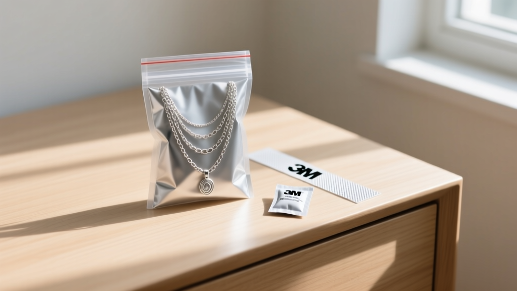 Sealed anti-tarnish bag holding a layered silver necklace, a 3M strip, and a silica gel packet on a clean wooden dresser surface.