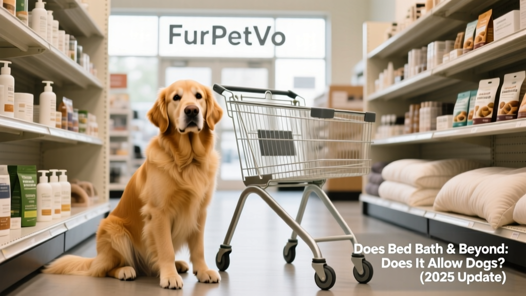 A friendly golden retriever sitting calmly beside a shopping cart in a well-lit FurPetVo store aisle