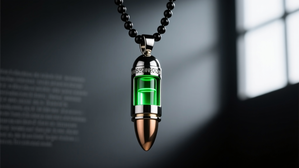 Tungsten bullet casing pendant with glowing green vial inserts, hanging from a black ball chain against a dark, moody backdrop.