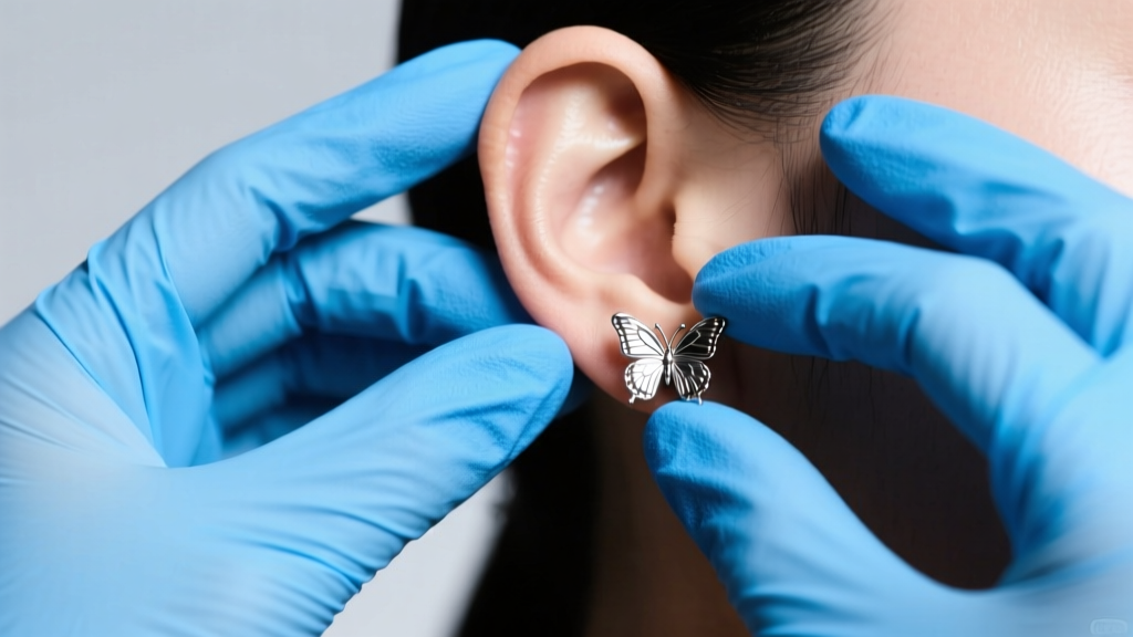 Close-up of hands in blue nitrile gloves gripping a stuck metal butterfly earring back on a pierced earlobe under bright studio light