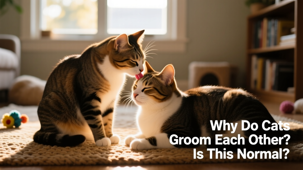 Side-by-side portrait of two cats: one calmly licking the other’s head while the second appears relaxed and content