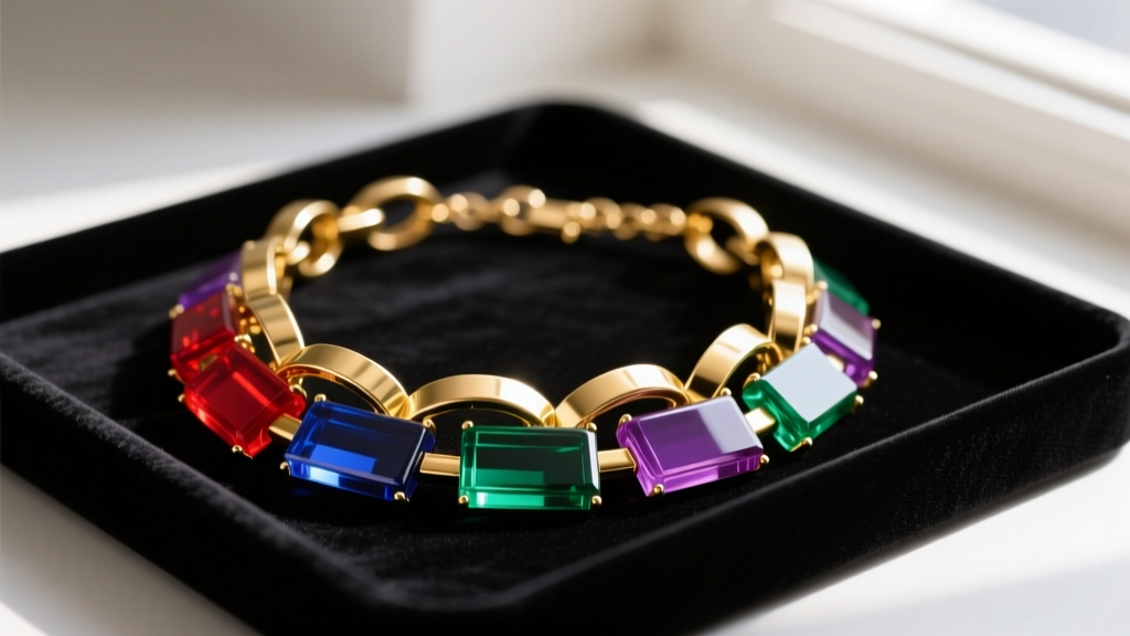 Close-up of a heavy gold-plated brass and colorful acrylic chunky statement necklace resting on a dark velvet jewelry tray.