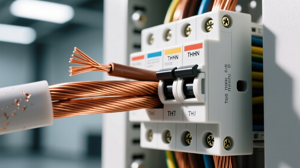Close-up of copper wiring with stripped THHN insulation terminated into a modern high-efficiency commercial breaker panel