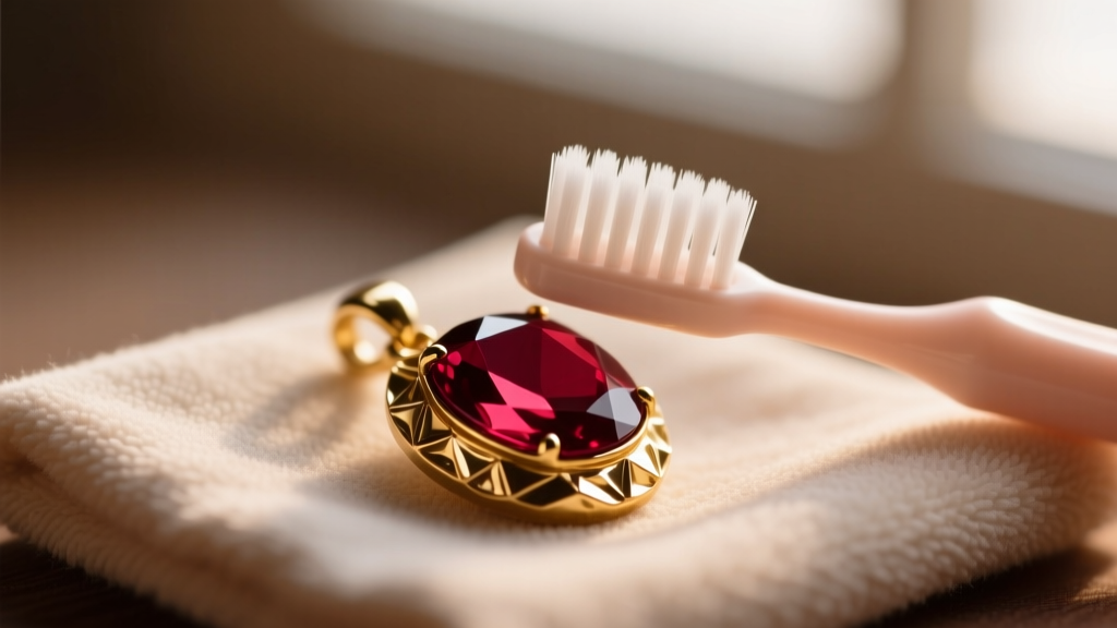 Soft baby toothbrush gently cleaning a foil-backed antique garnet pendant on a microfiber cloth under warm directional lighting.