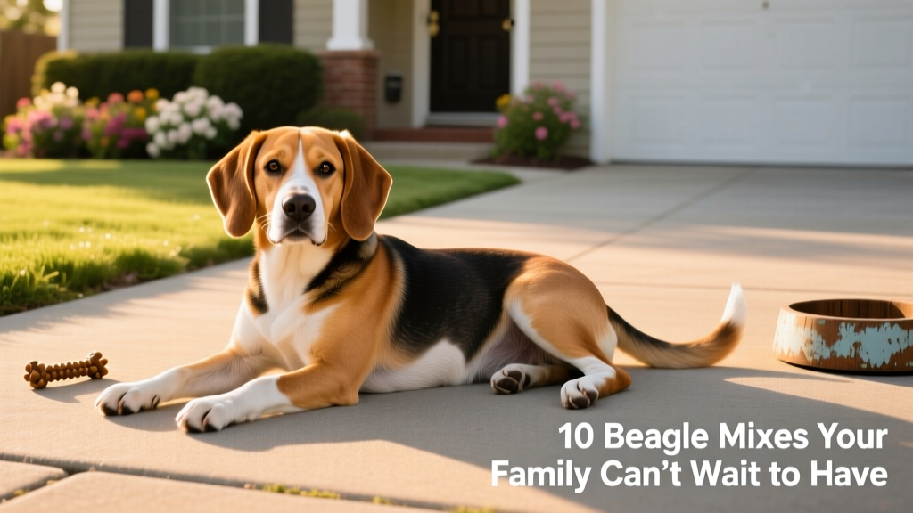 beagle labrador retriever mix with beagle head and lab body lying on a paved driveway