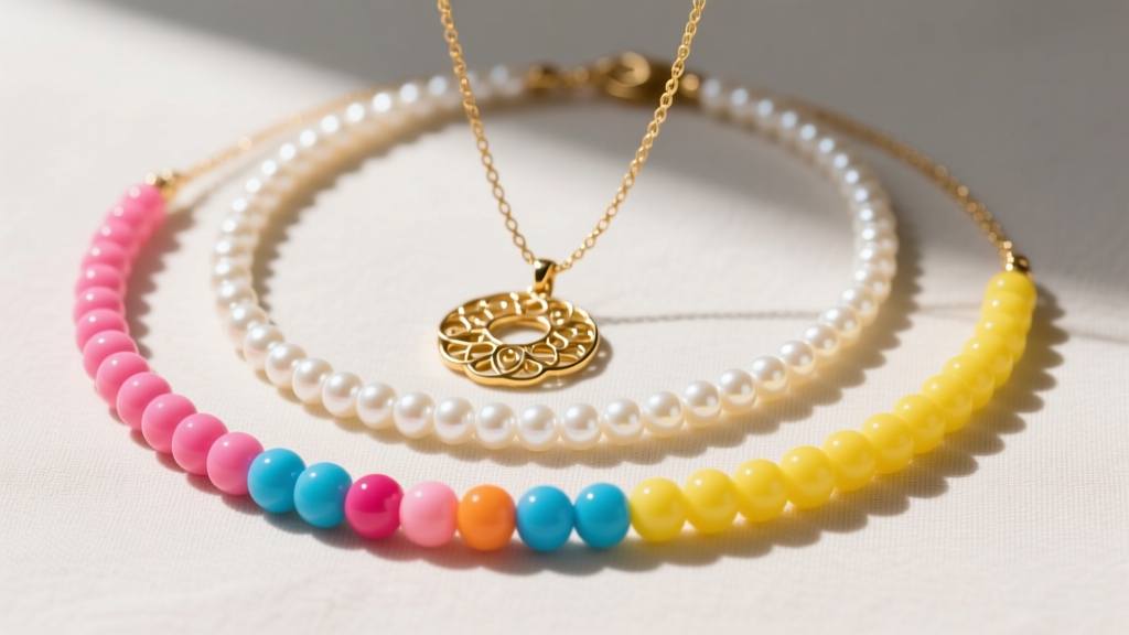 Flat lay of three layered necklaces featuring a choker candy bead necklace, a medium pearl strand, and a long gold pendant chain.