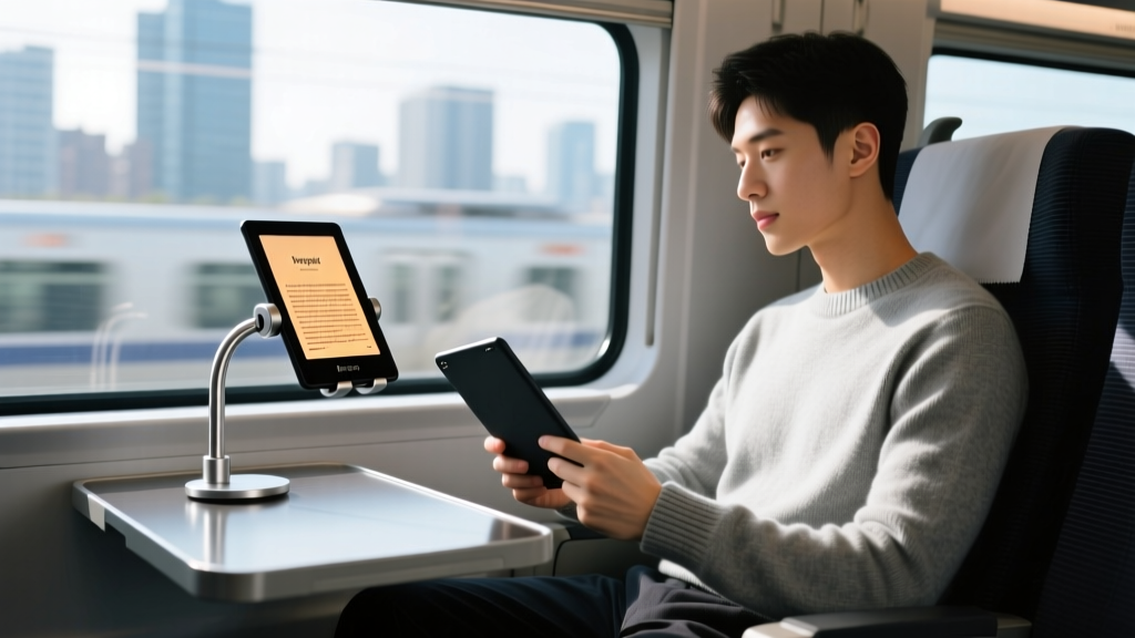 Side profile of a commuter on a train reading a Kindle Paperwhite mounted on a Lamicall gooseneck stand attached to the seat tray table