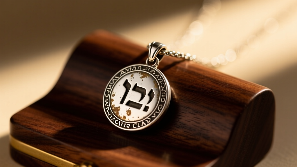 Close-up of a tarnished 925 sterling silver Am Yisrael Chai pendant resting on a dark wooden jewelry bench, soft warm lighting.