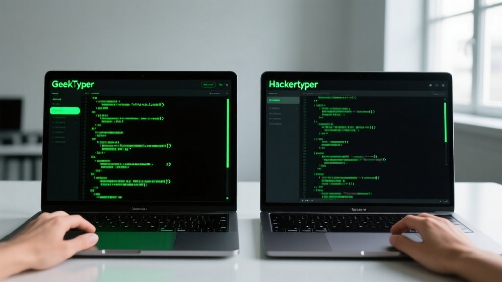 Side-by-side comparison of GeekTyper and Hackertyper interfaces displaying green terminal text on a black background
