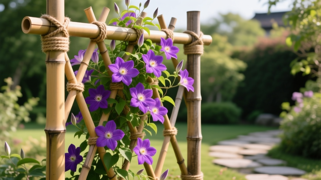 Thick bamboo poles lashed with twine forming a sturdy garden trellis supporting blooming purple clematis vines in bright sunlight