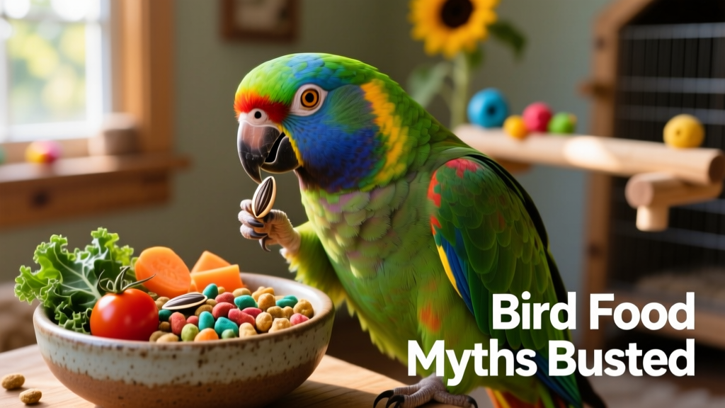 A colorful parrot holding a sunflower seed in its beak, next to a bowl of mixed bird pellets and fresh vegetables