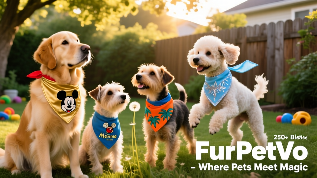 A diverse group of dogs—golden retriever, terrier mix, and poodle—wearing custom FurPetVo bandanas featuring Mickey Mouse, Moana, and Elsa motifs