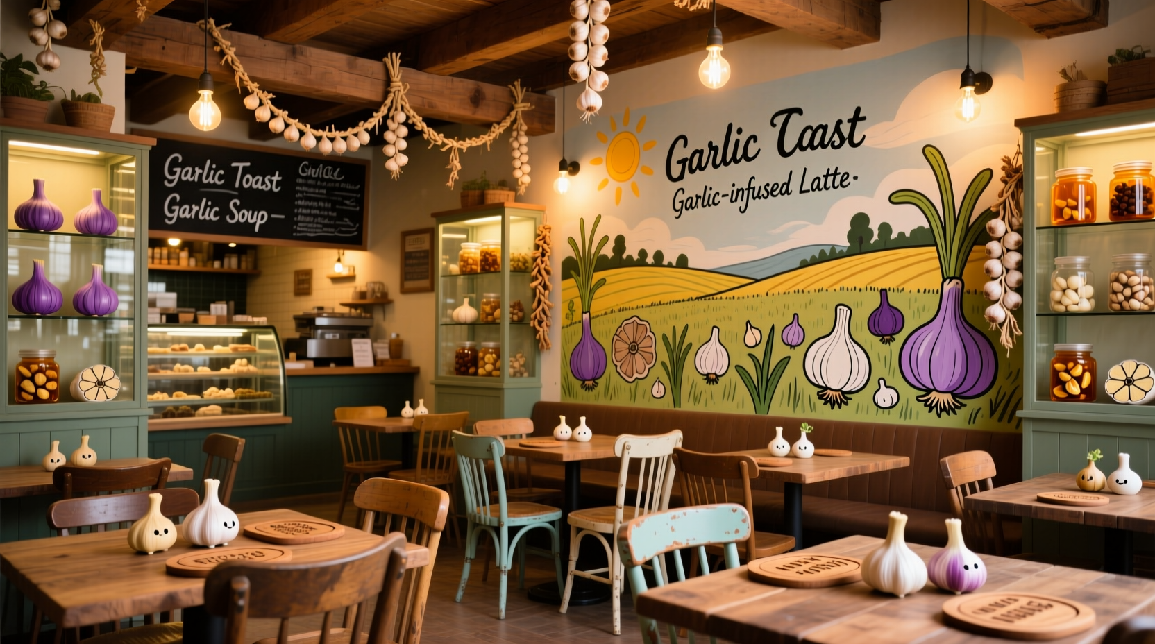 Garlic Cafe interior with garlic displays and dining area