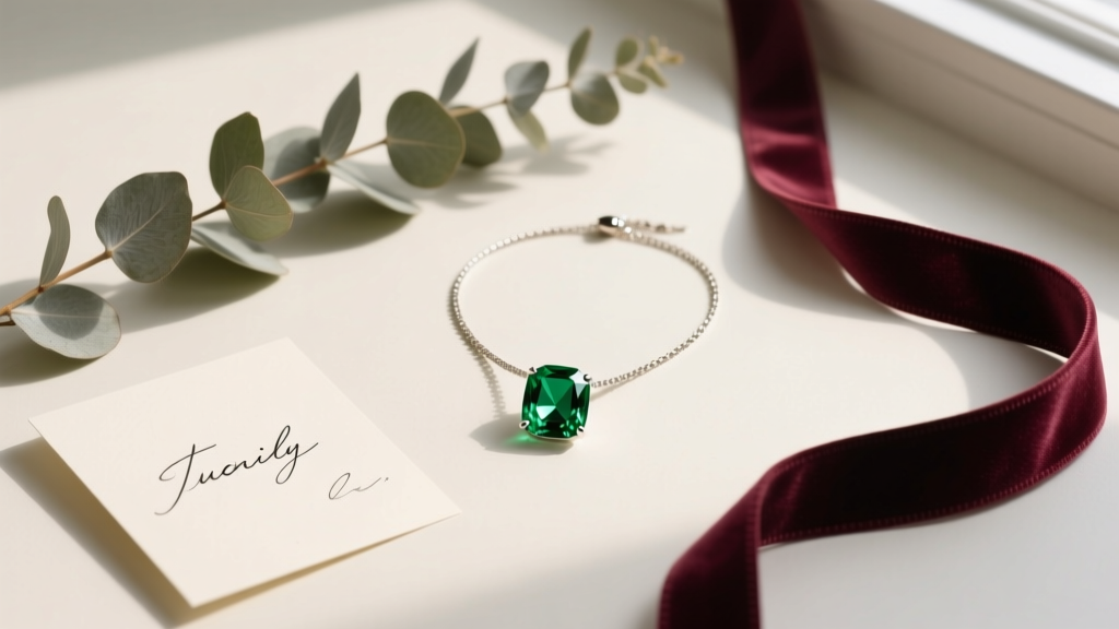 Flat lay gift box displaying an emerald initial necklace next to a handwritten card, dried eucalyptus, and a velvet ribbon.