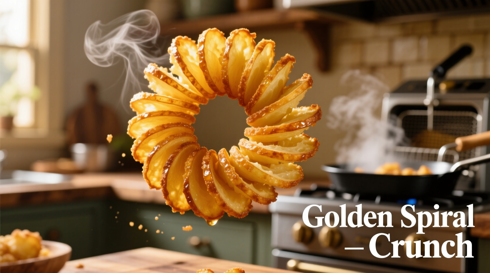 Perfectly fried potato tornado with golden spiral shape