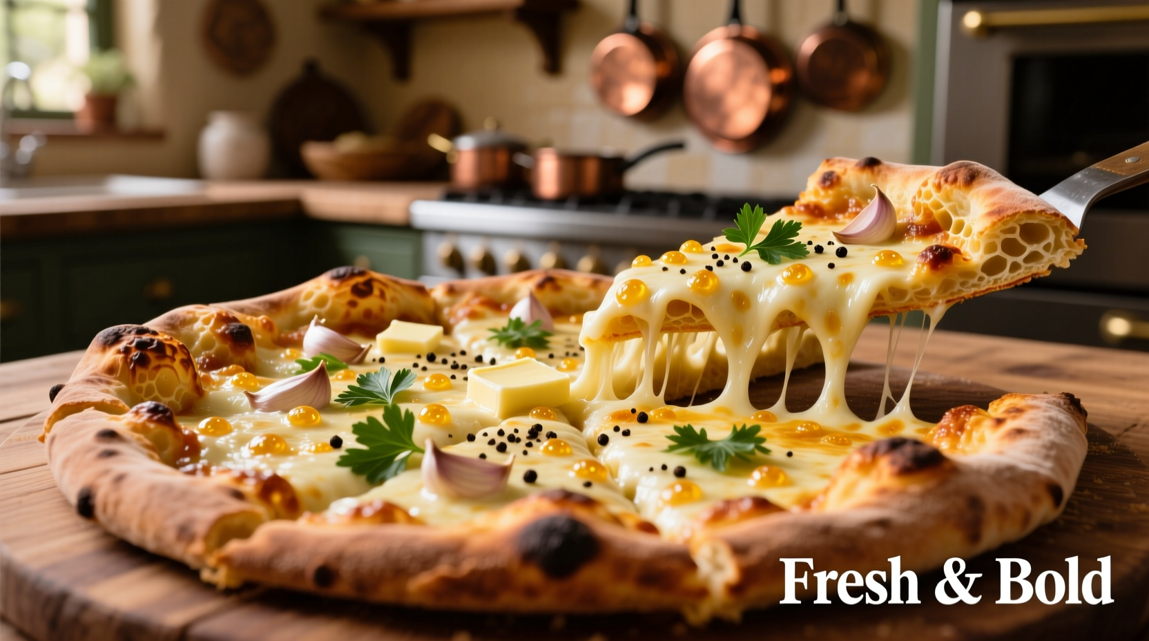 Golden garlic crust pizza with bubbling cheese