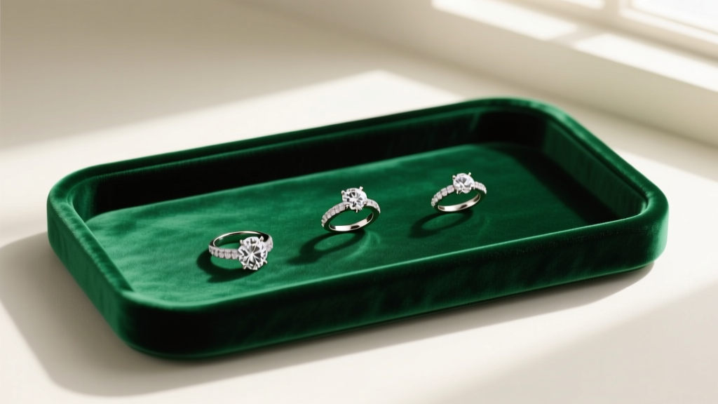Emerald green velvet jewelry tray holding diamond rings, soft lighting highlighting the plush pile texture and subtle cast shadows.