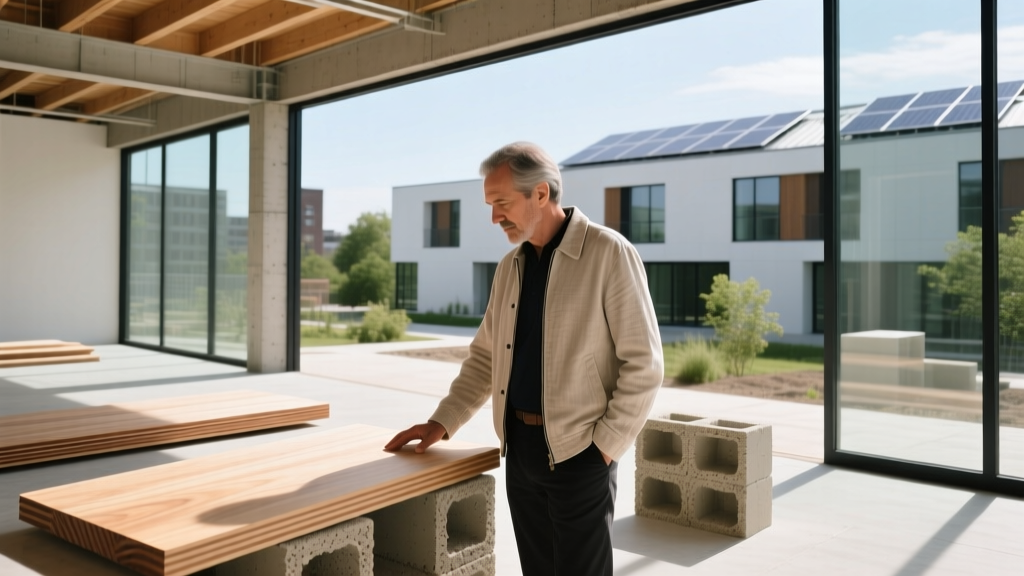 Architect reviewing cross-laminated timber panels and hempcrete blocks on a modern sustainable construction site with natural lighting