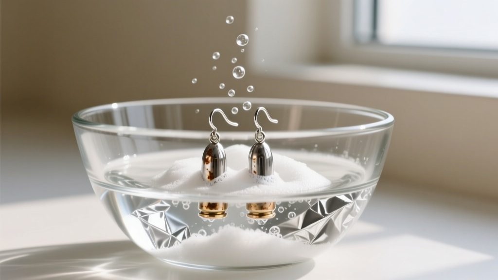 Glass bowl lined with foil and baking soda solution, showing tarnished silver bullet earrings submerged and bubbling slightly