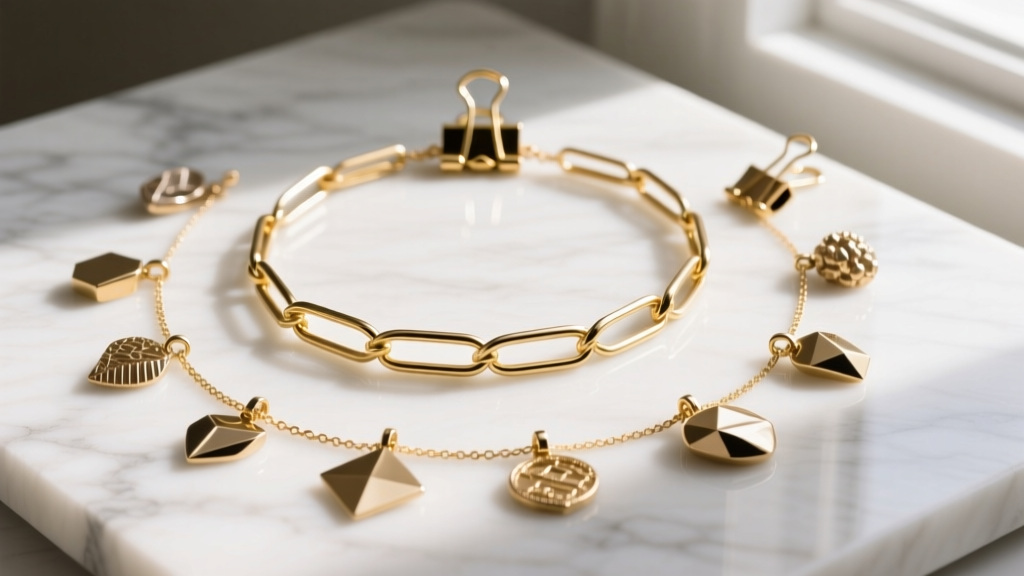 Flat lay of a trending gold paperclip necklace and mixed metal pendant for ladies on white marble under soft warm natural lighting