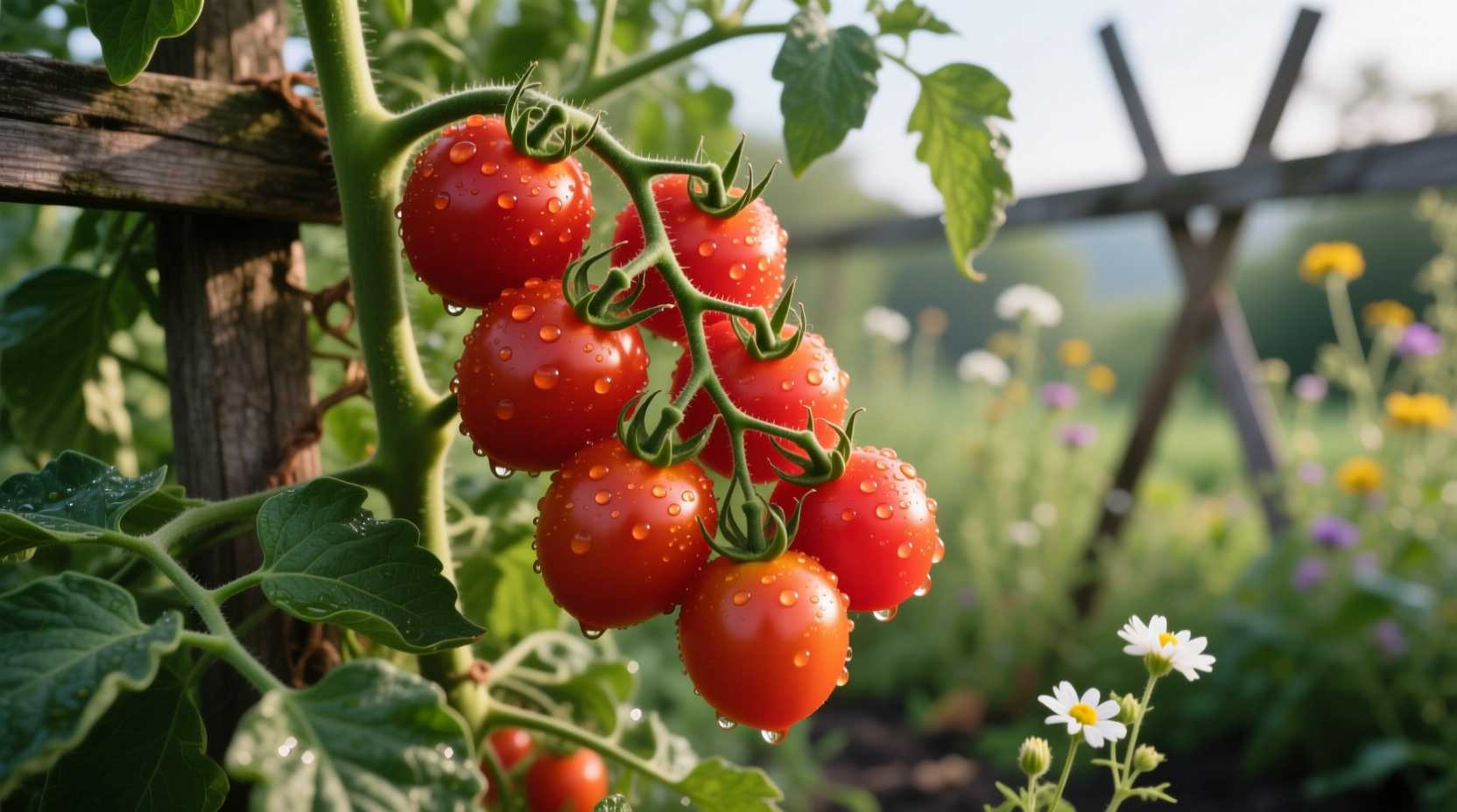 Ripe teardrop tomatoes hanging on vine in garden